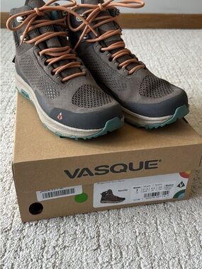 Vasque Brown Hiking Boots with Tan Laces and Teal Accents